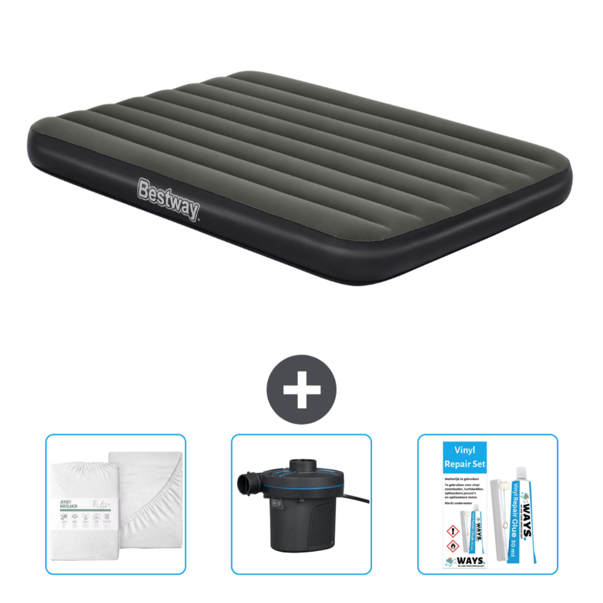 Bestway opblaasbare matras, inclusief reparatieset en lakens.