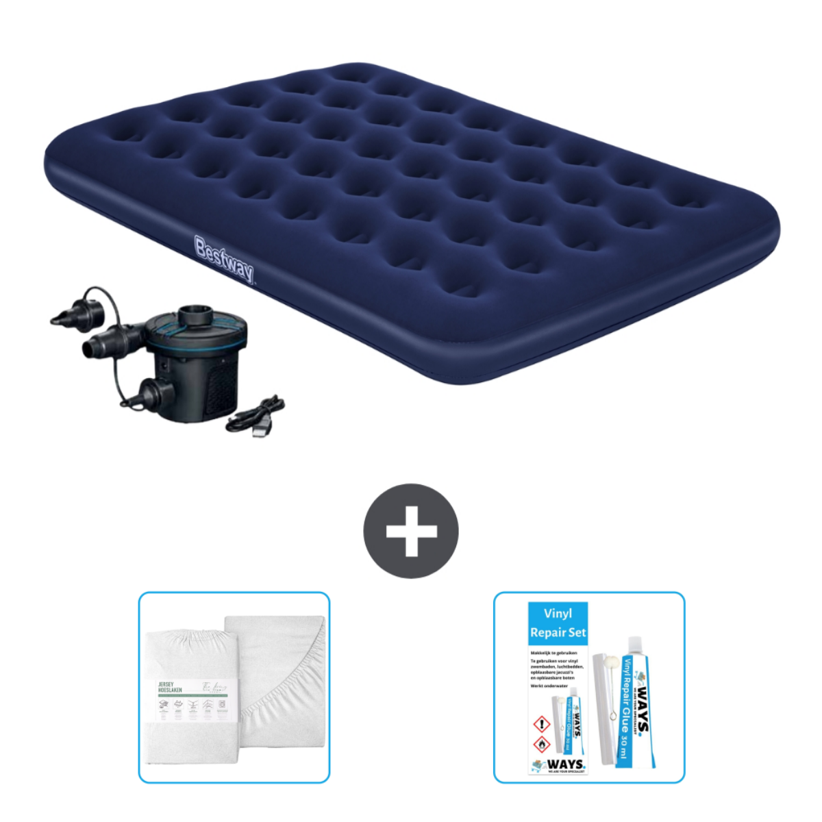 Donkerblauw opblaasbaar bed met elektrische pomp, lakens en reparatieset.