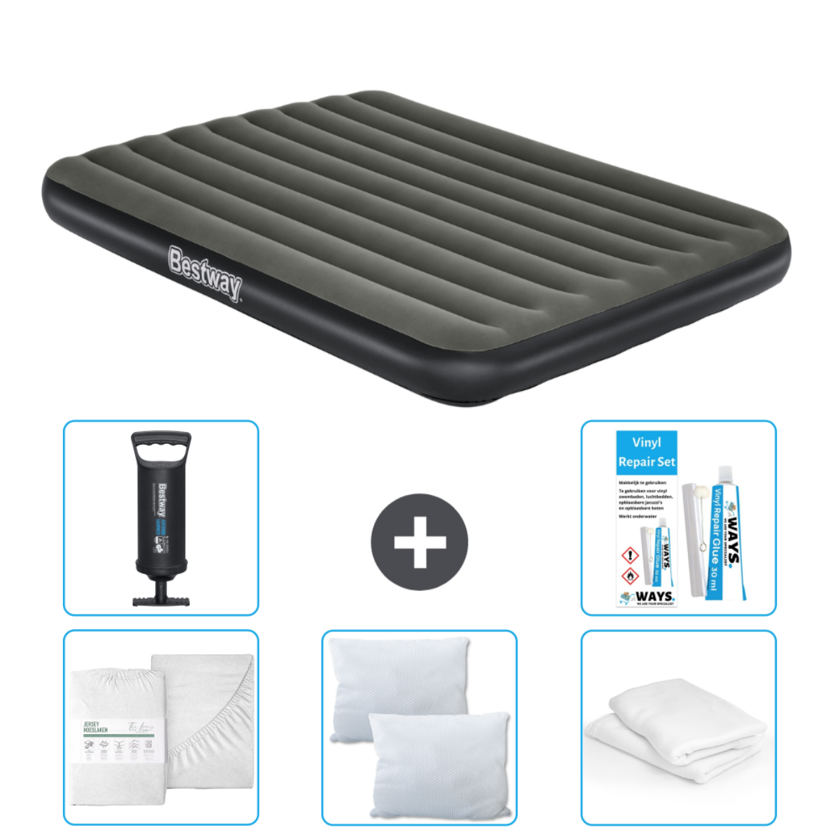 Donkergrijs luchtmatras met pomp, reparatieset, lakens, kussens. Merk Bestway.