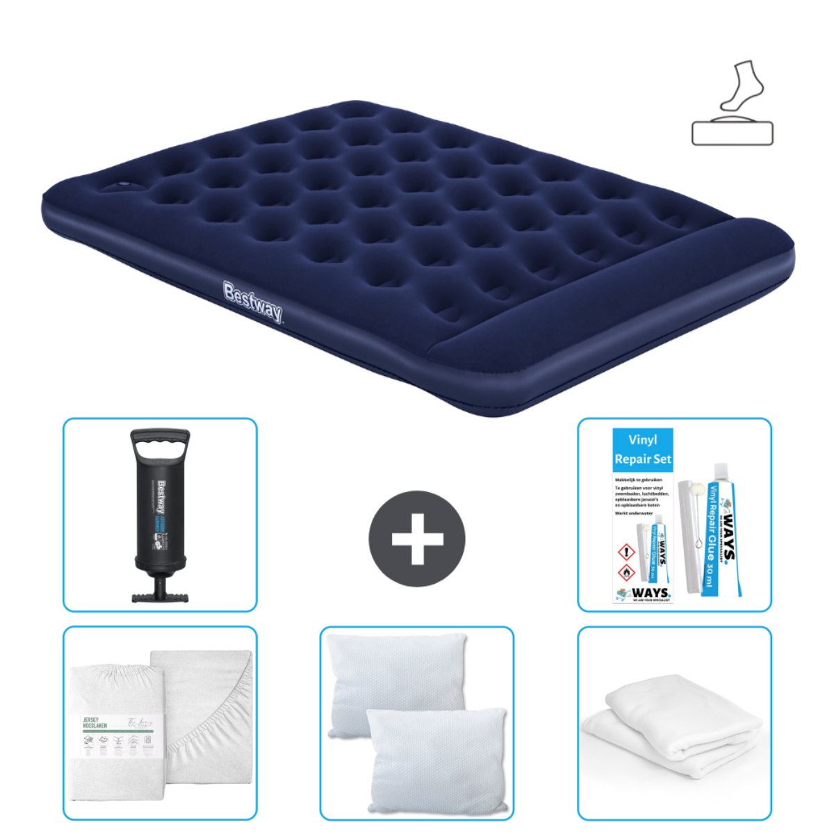 Matelas pneumatique bleu avec pompe, kit de réparation, draps, oreillers. Marque Bestway.