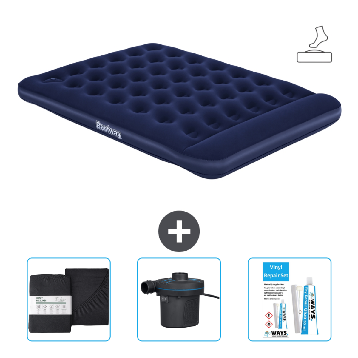 Een blauw luchtmatras, lakens, een elektrische pomp en een reparatieset worden weergegeven. De matras is van Bestway.
