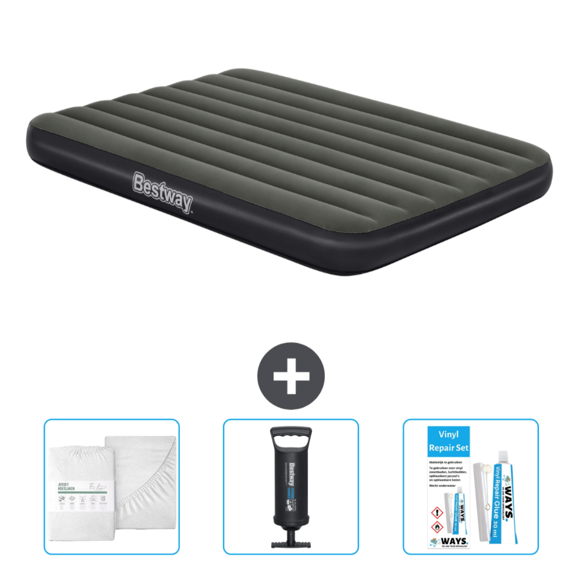Matelas gonflable, accessoires: pompe, draps et kit de réparation. Matelas gris avec bord noir.