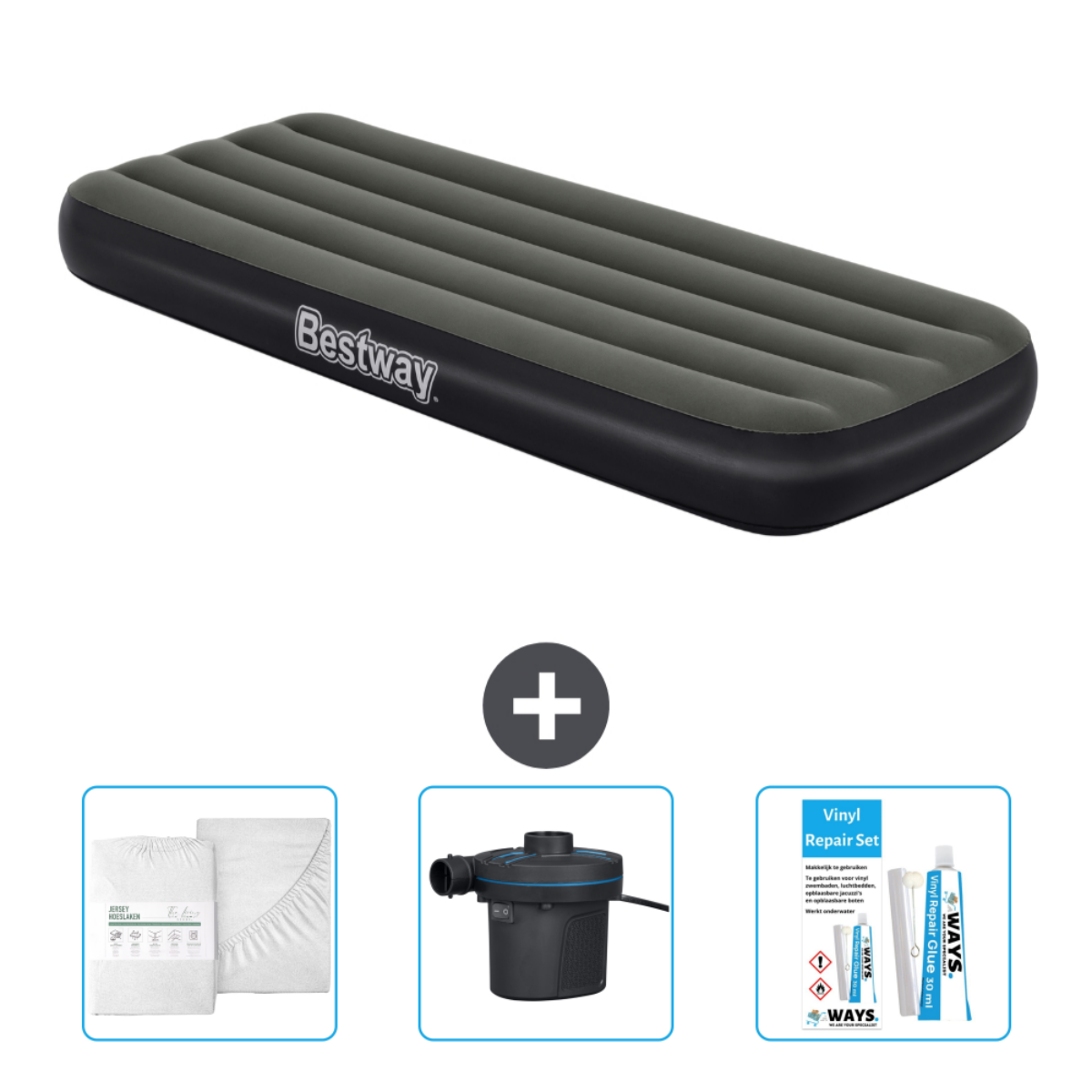 Matelas gonflable gris, accessoires : ensemble de draps, pompe et kit de réparation.