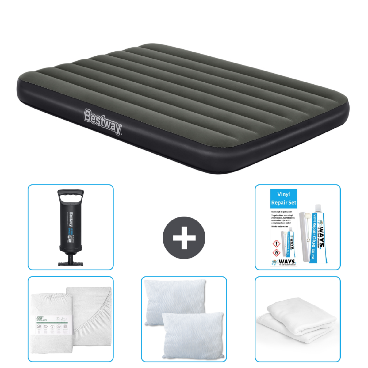 Een grijze luchtmatras met een pomp, een lakenset, twee kussens, een reparatieset en witte lakens.