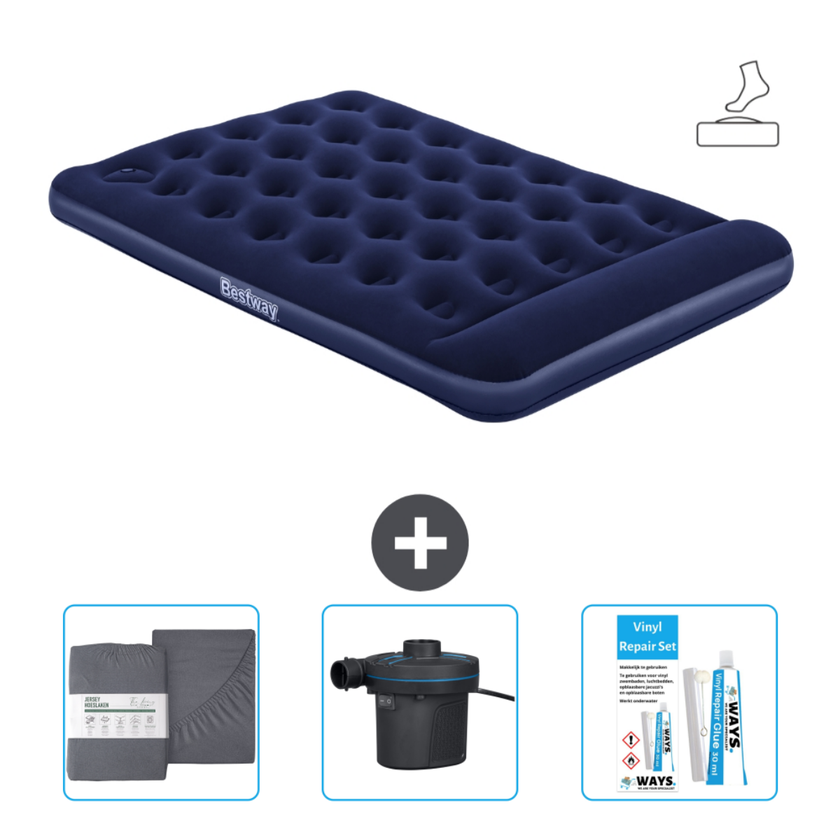 Matelas pneumatique bleu avec icône de pied, plus literie, pompe et kit de réparation.
