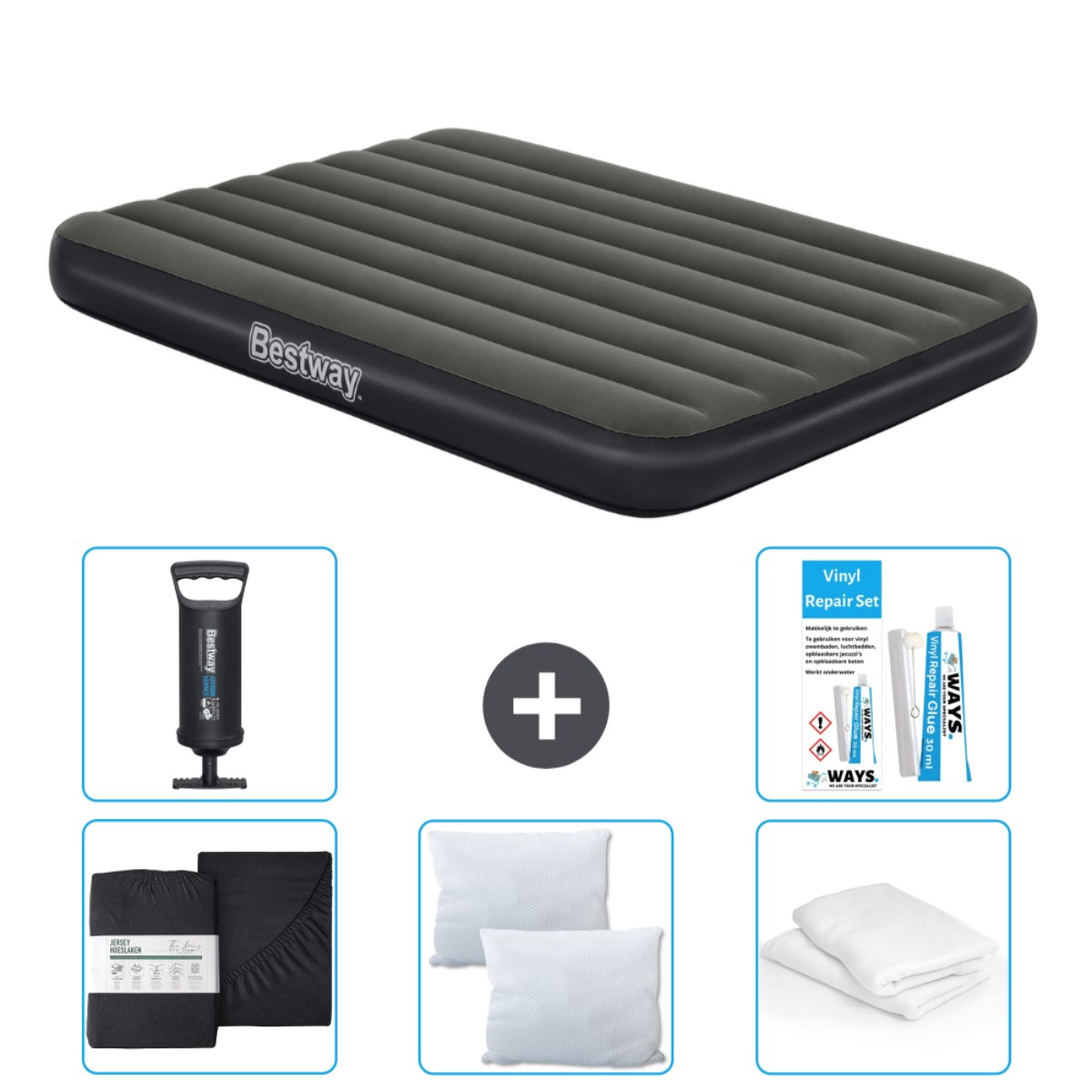 Opblaasmatras, accessoires: pomp, lakens, kussens en reparatieset. Grijs matras met zwarte rand.