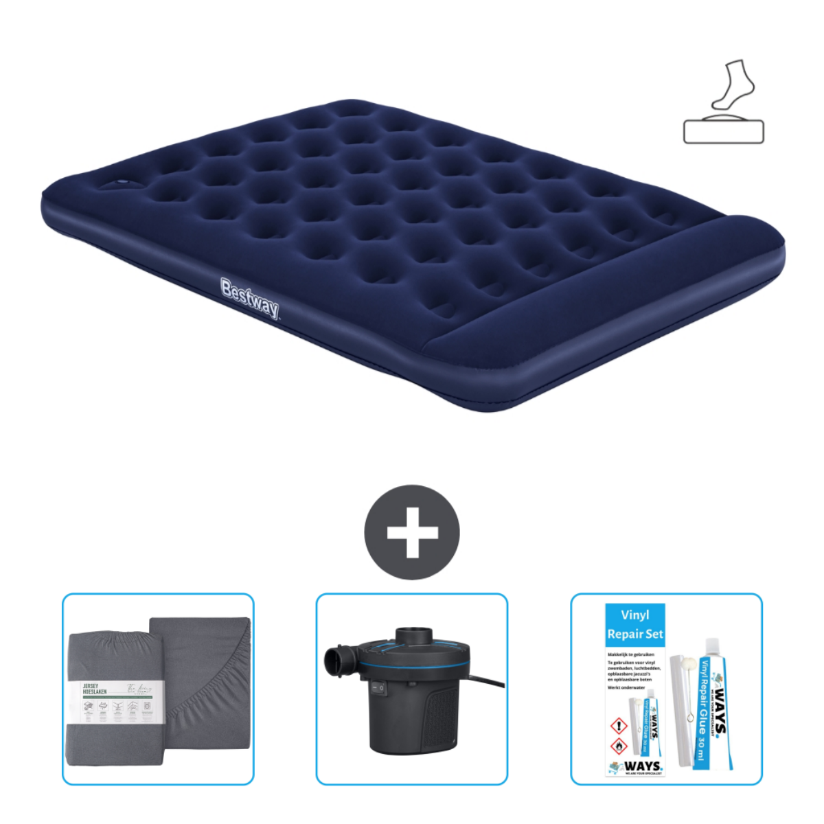 Matelas gonflable bleu foncé avec une pompe, des draps et un kit de réparation.