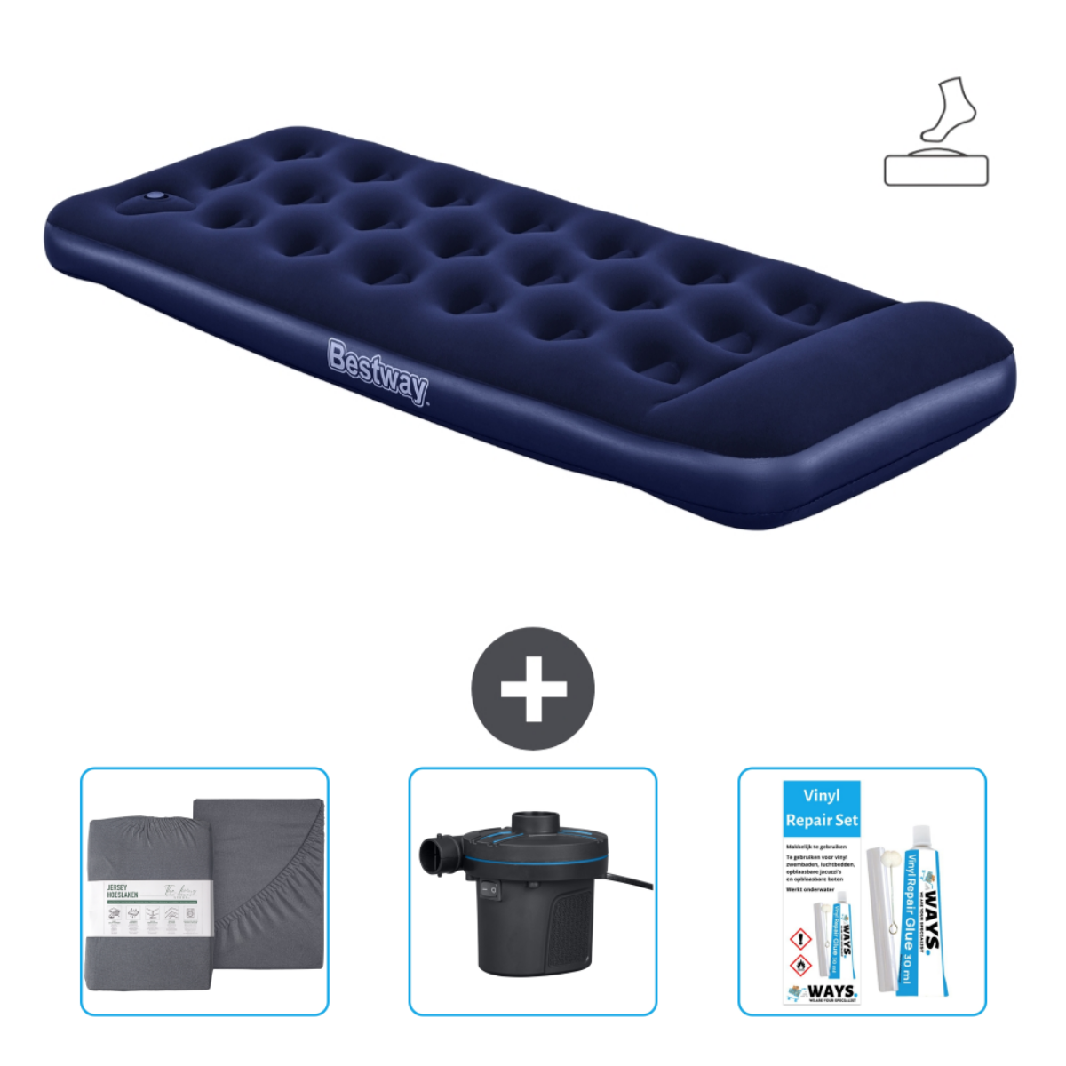 Lit gonflable bleu foncé avec appui-tête, draps, pompe et kit de réparation.