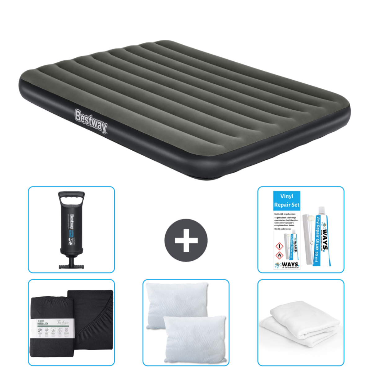 Zwart Bestway luchtbed met accessoires: pomp, reparatieset, lakens, kussens en deken.