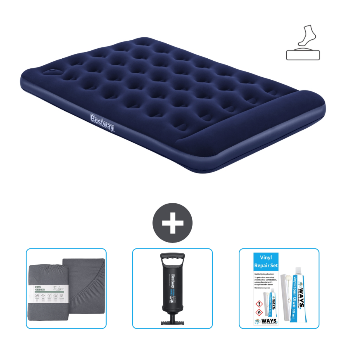 Blauw opblaasbaar matras met beddengoed, pomp en reparatieset.