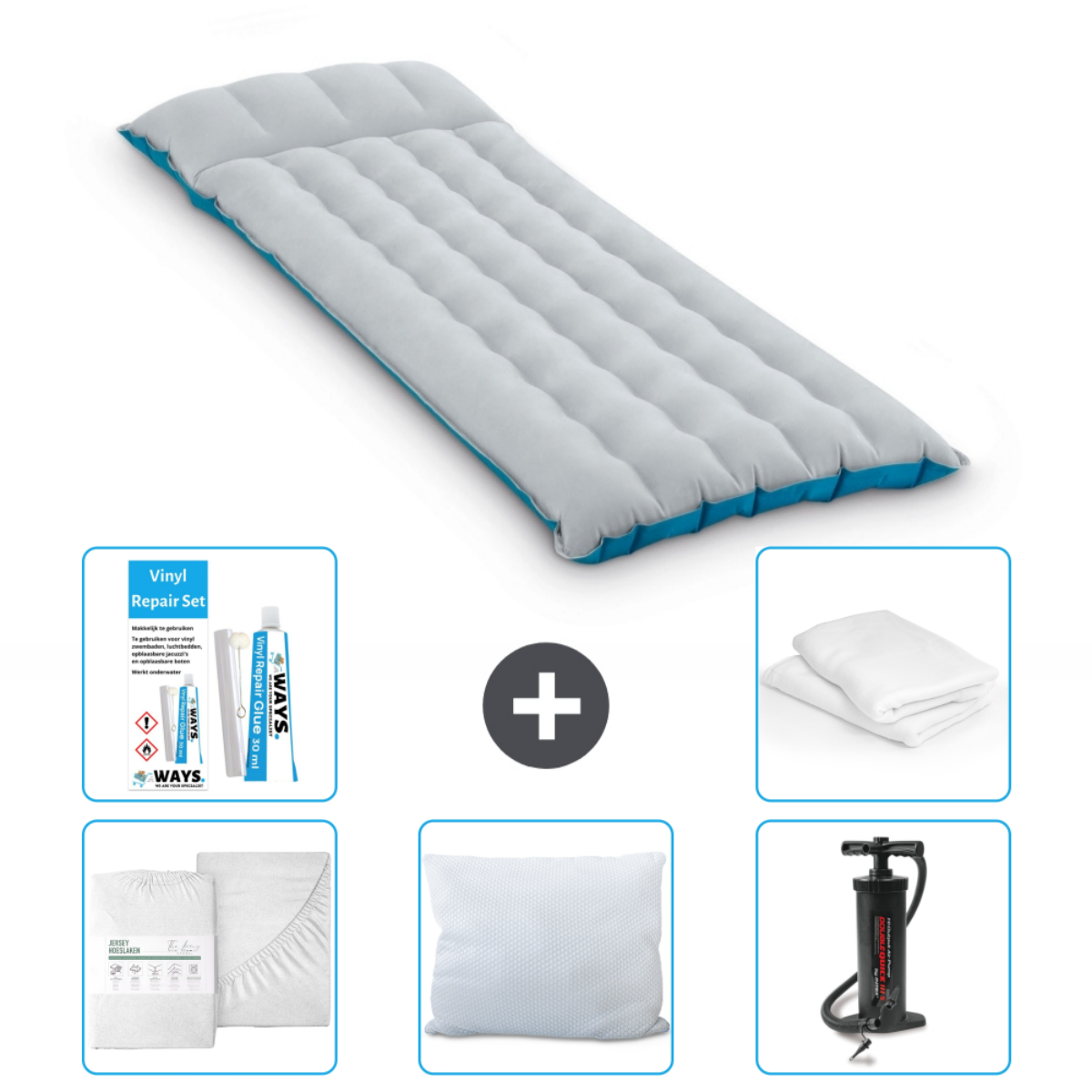 Grijs-blauw luchtmatras met lakenset, kussen, pomp en reparatieset.
