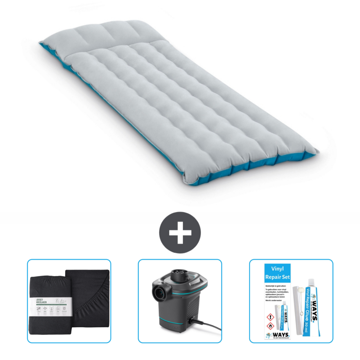 Grijs en blauw luchtbed met accessoires: pomp, lakenset en vinylreparatieset.