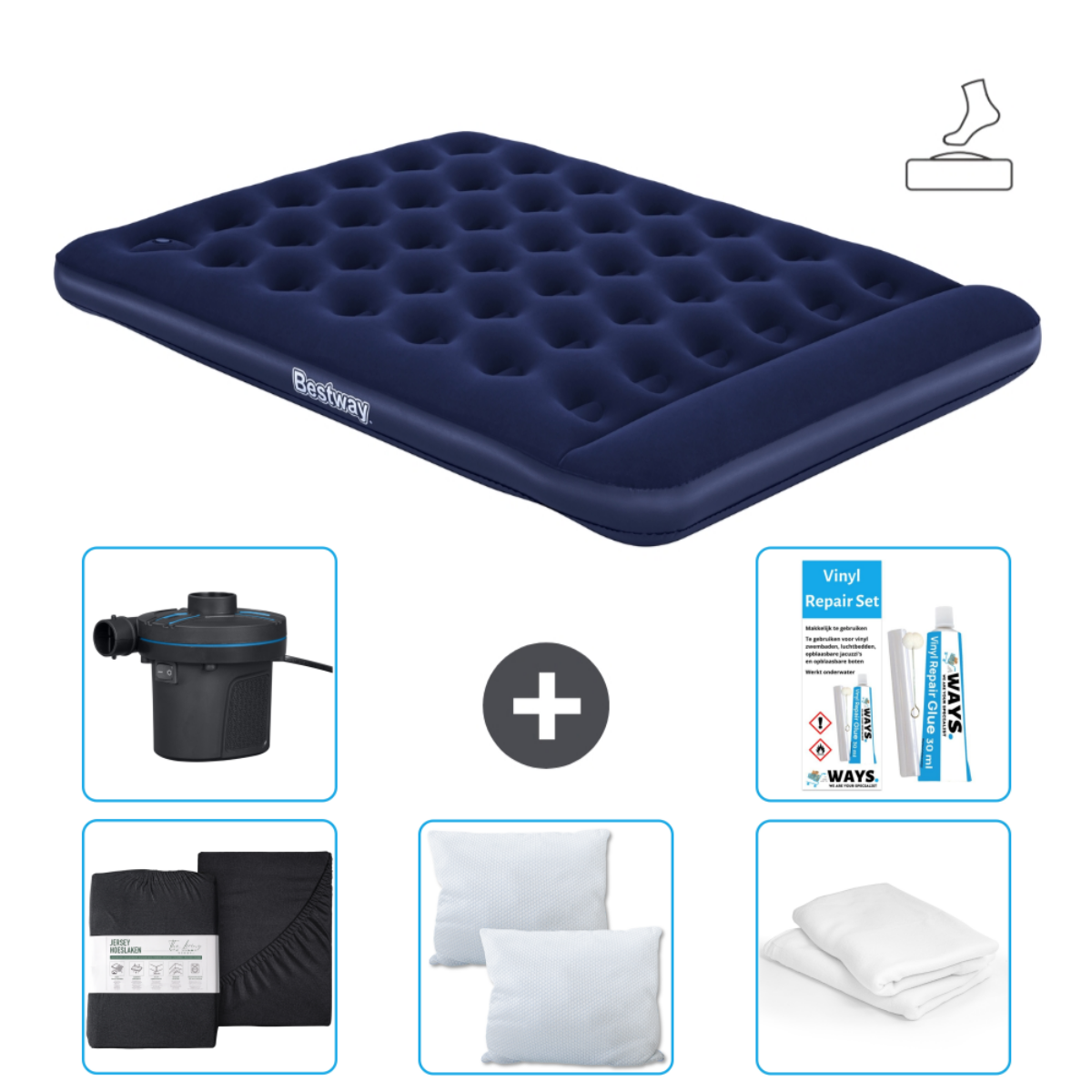 Donkerblauw opblaasbaar matras met pomp, lakens, kussens en een reparatieset.