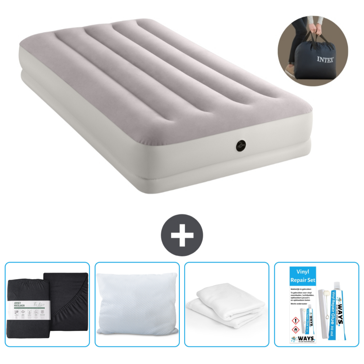 Lit gonflable Intex gris avec accessoires : draps, oreiller, kit de réparation, pompe, fond blanc.