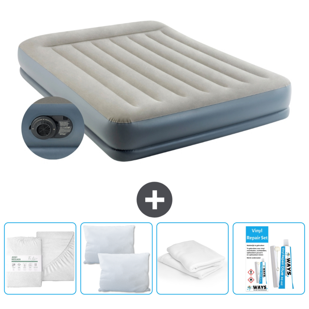 Un matelas gonflable gris et beige avec une pompe, une parure de lit, deux oreillers et un kit de réparation.