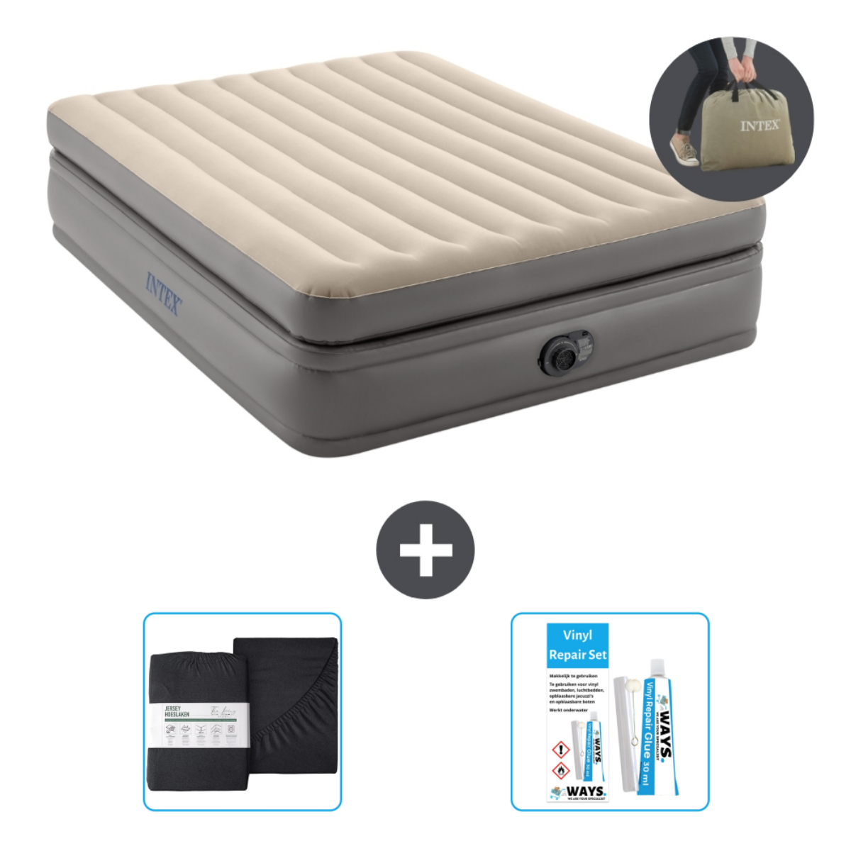 Beige opblaasbaar bed met grijze basis, lakens en reparatieset. Inclusief draagtas.