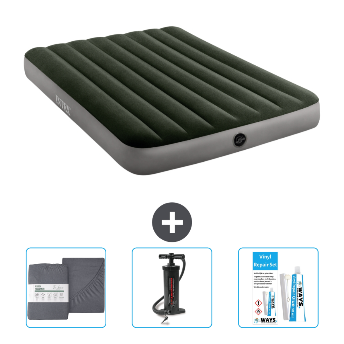 Groen luchtmatras met lakens, pomp en reparatieset.
