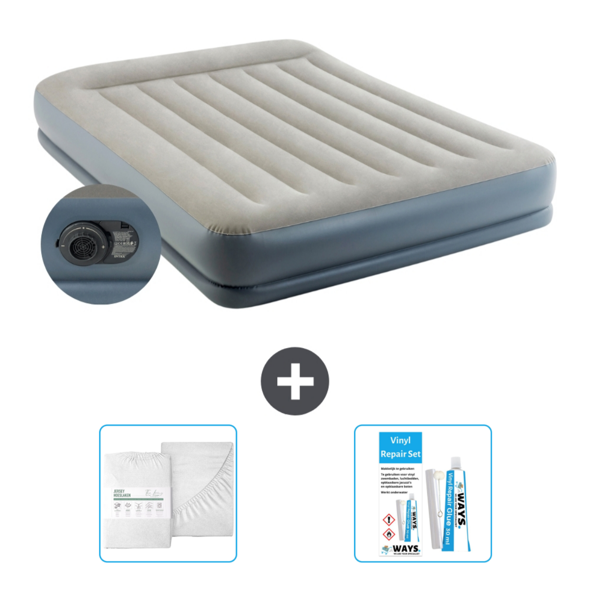 Matelas gonflable beige avec accessoires: draps et kit réparation. Intex.
