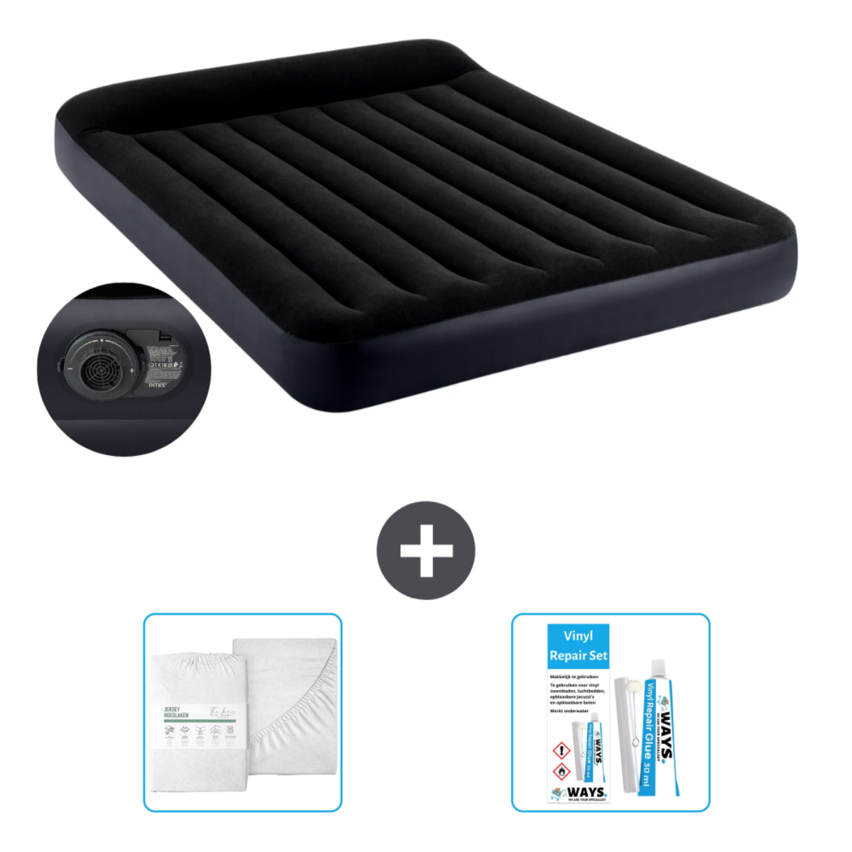 Zwart opblaasbaar bed met lakens en reparatieset.
