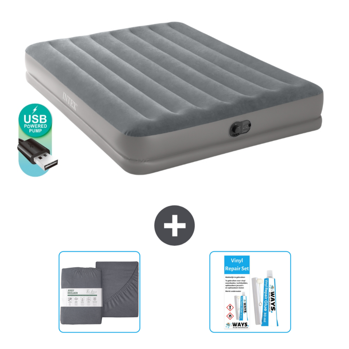 Matelas gonflable gris avec accessoires: pompe USB, ensemble de draps et kit de réparation.