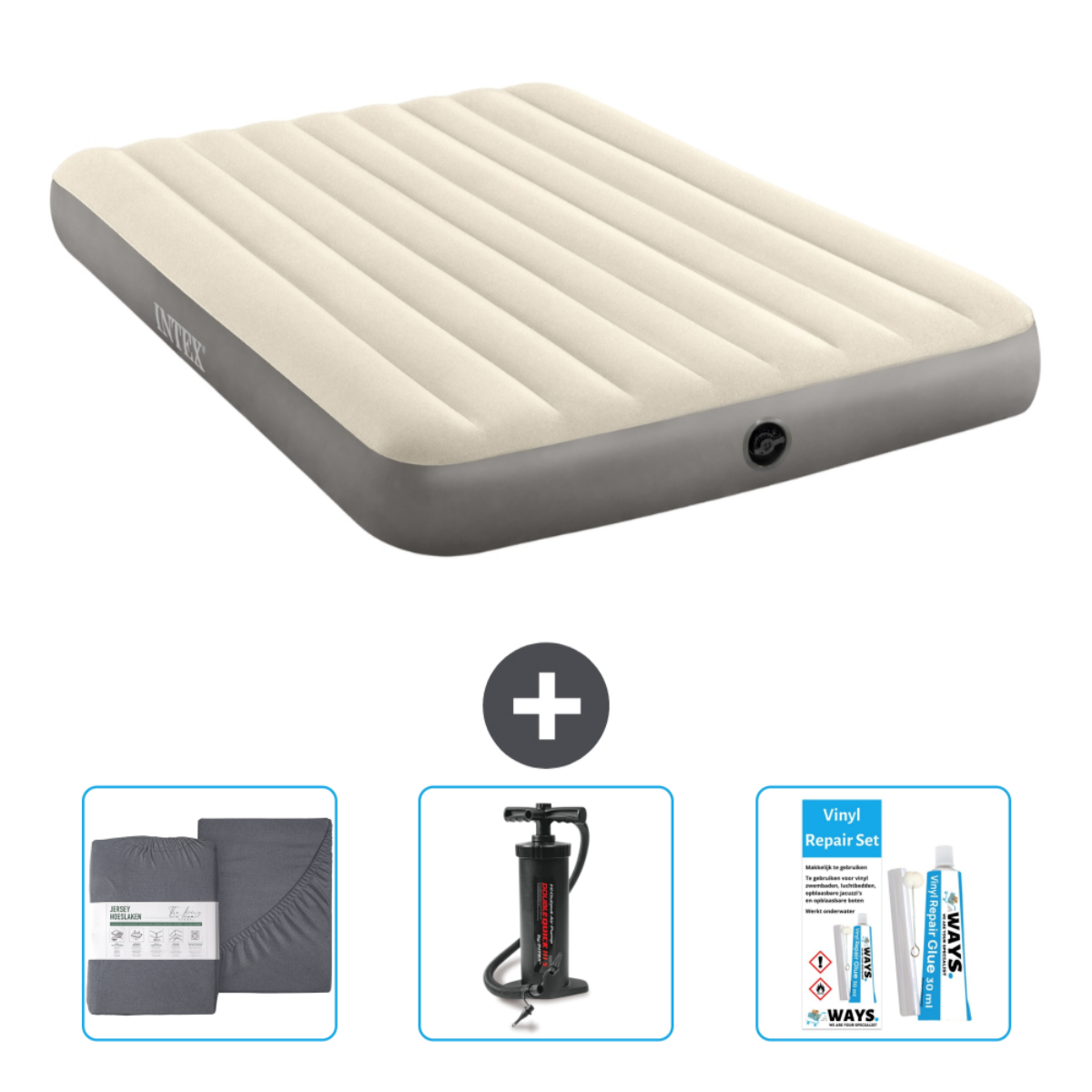 Matelas gonflable Intex crème avec draps, pompe et kit de réparation.