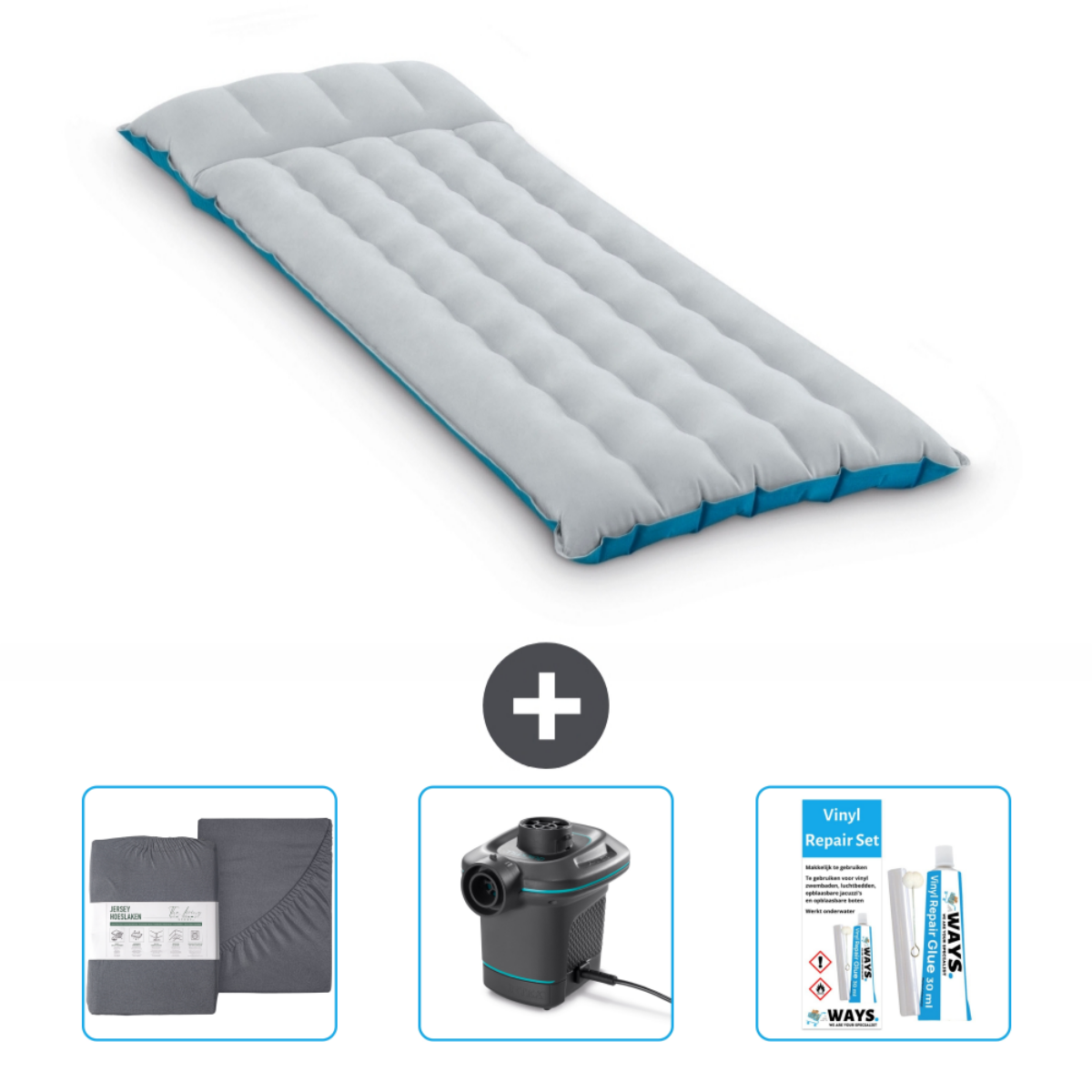 Opblaasmatras, lakens, pomp en reparatieset. Grijs en blauw matras.