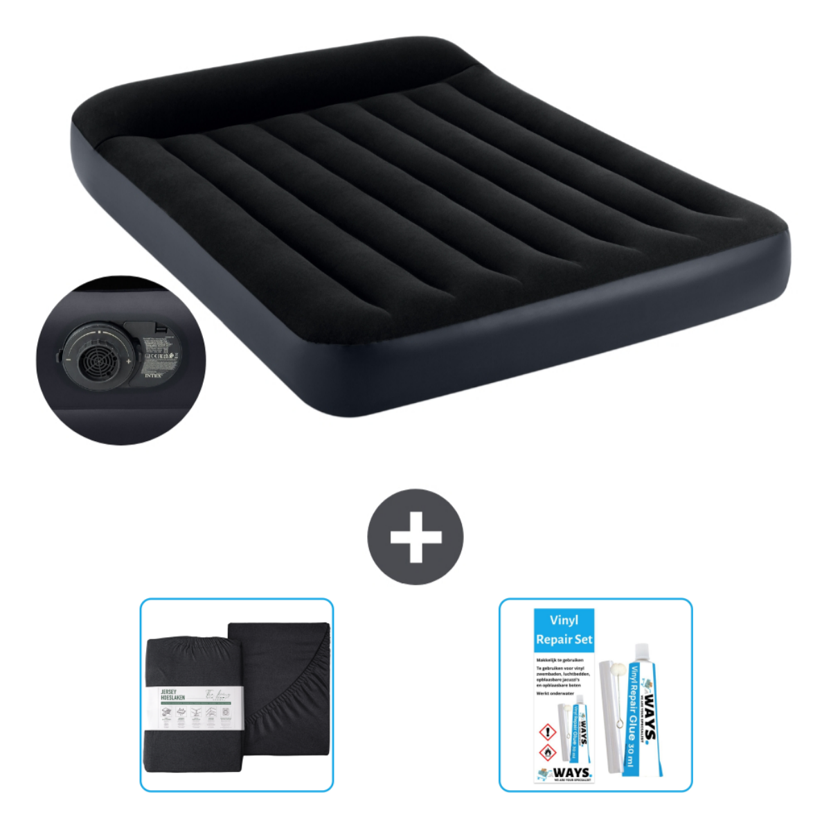 Zwart opblaasbed, accessoires: lakens, pomp, reparatieset.