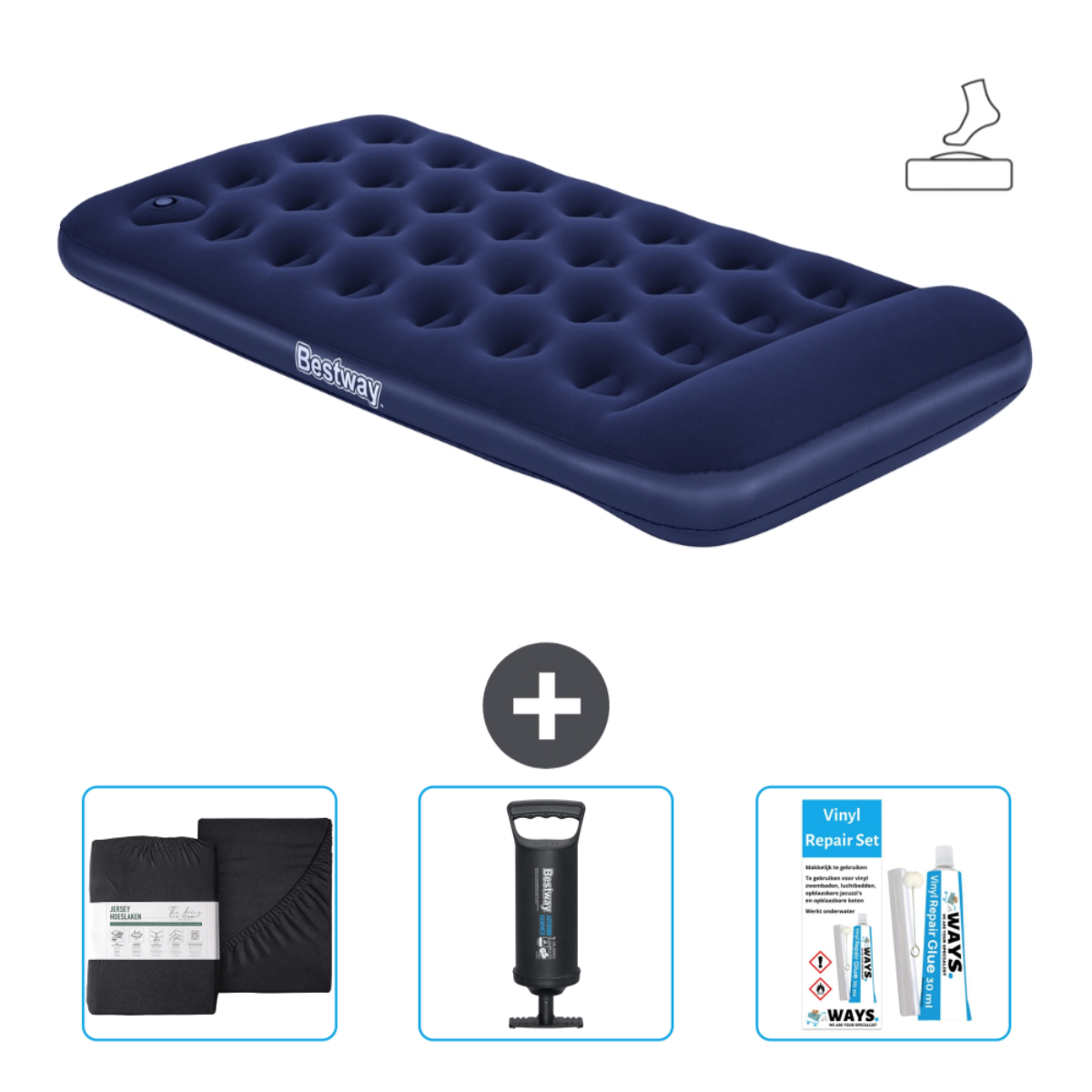 Donkerblauw Bestway luchtbed met accessoires: lakens, kussen, pomp en reparatieset, witte achtergrond.