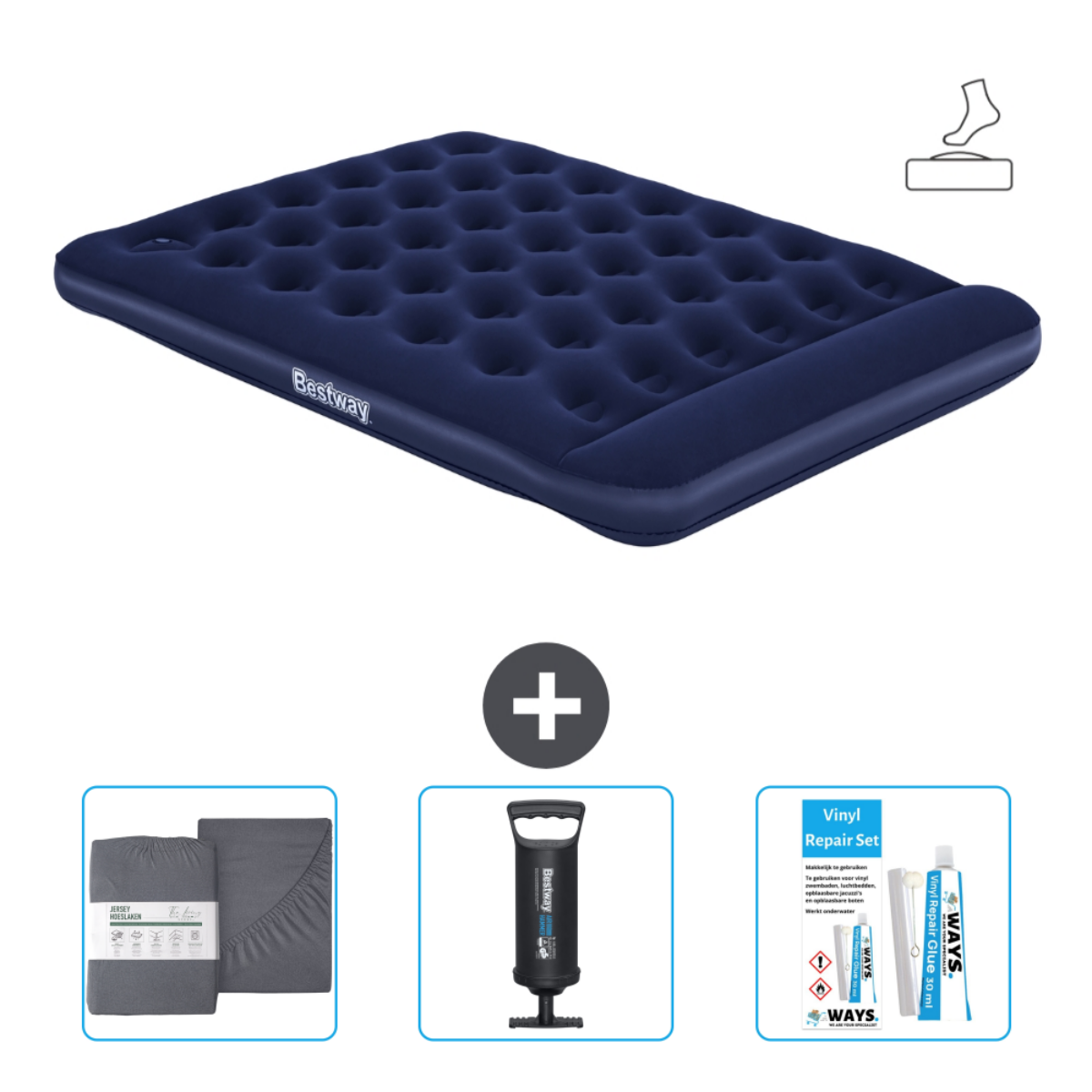 Donkerblauw luchtbed met Bestway logo, lakenset, pomp en reparatieset, met voeticoon.