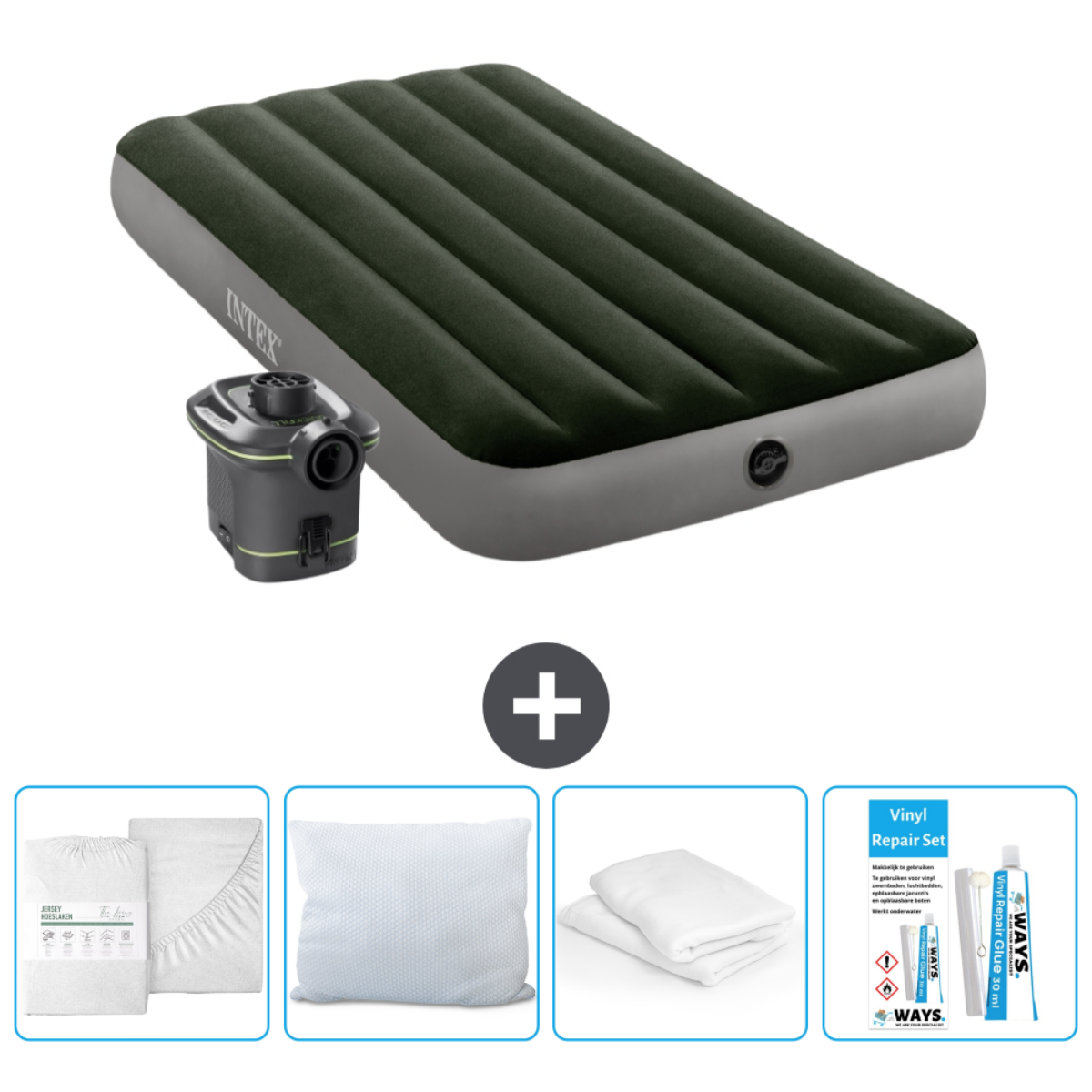 Un matelas pneumatique, un kit de réparation, des draps, un oreiller et une pompe électrique sont affichés. Le matelas est vert foncé.