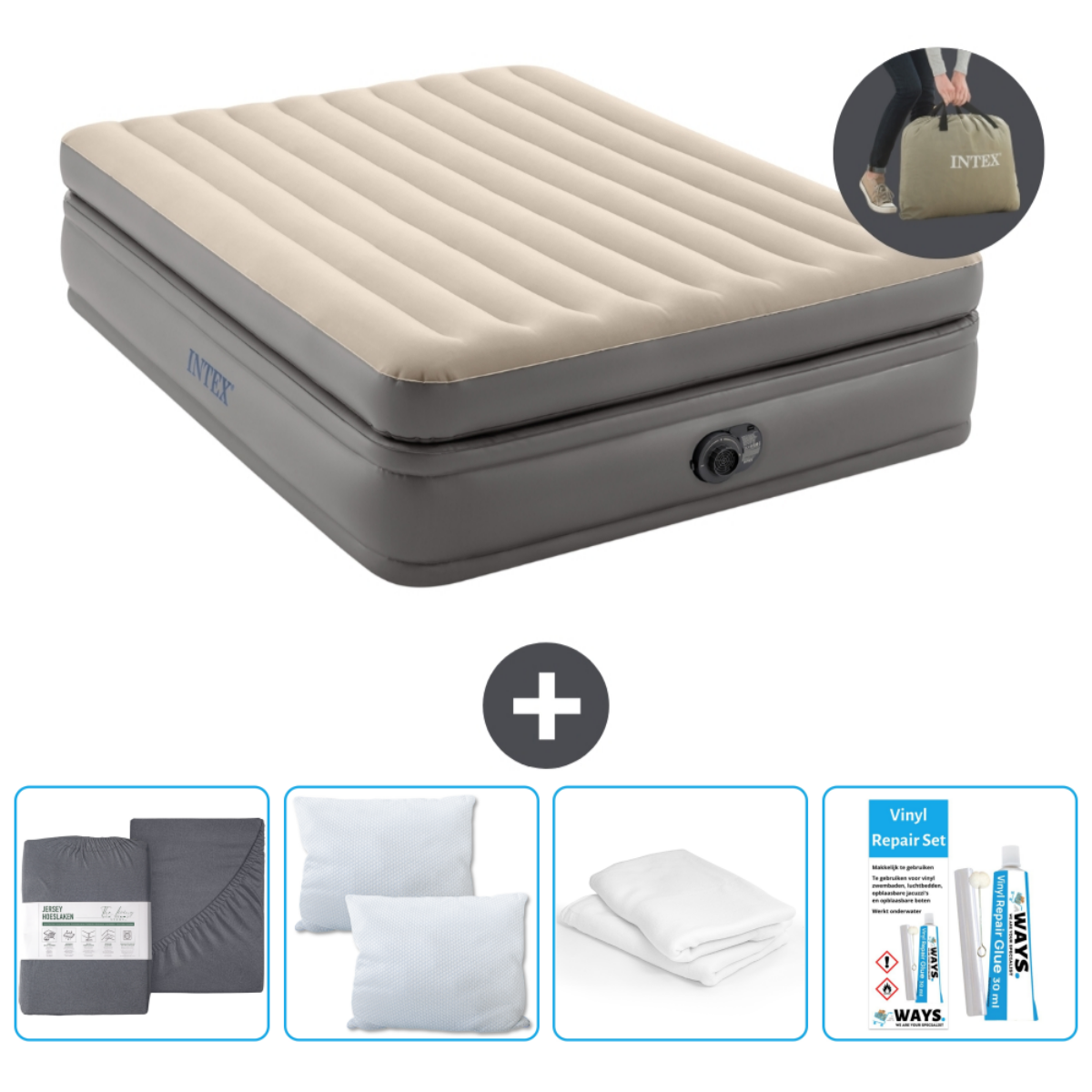 Beige Intex luchtbed met accessoires: lakens, kussens, pomp, reparatieset, witte achtergrond, draagtas.