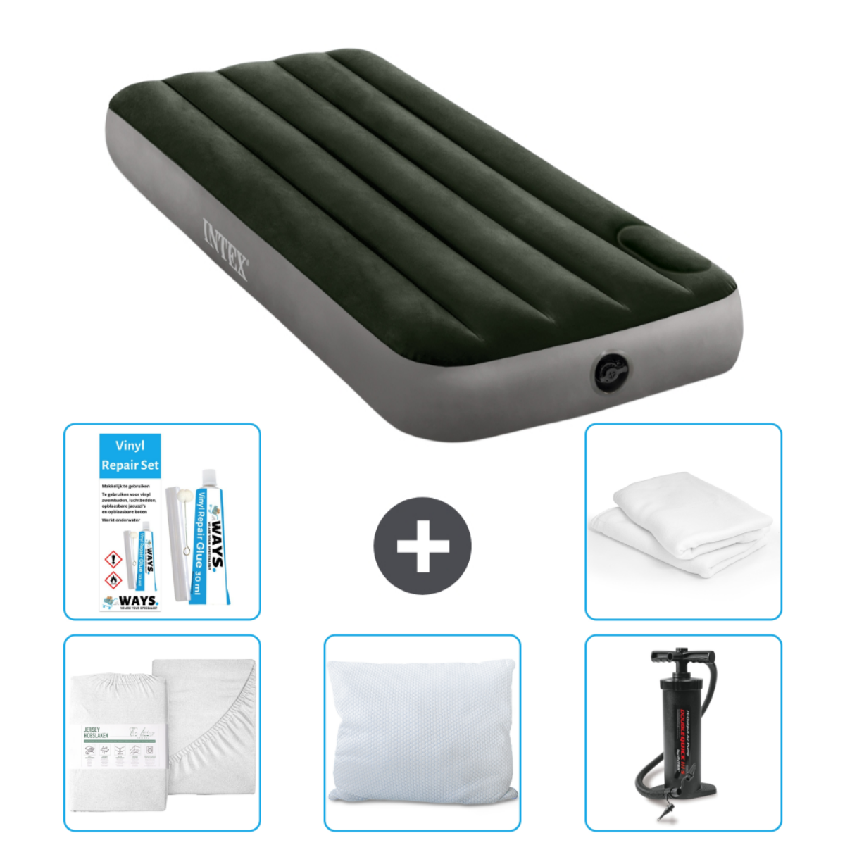 Groen luchtbed, accessoires: lakenset, kussen, lakens, pomp en reparatieset.