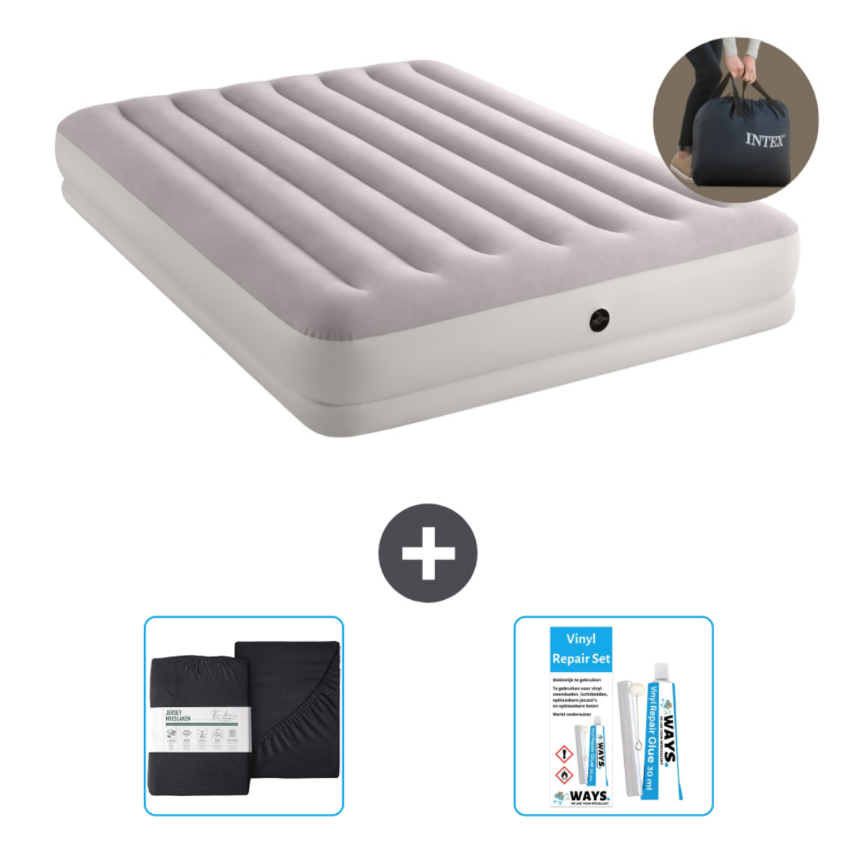 Matelas gonflable gris avec accessoires: draps, kit réparation et sac. Intex.