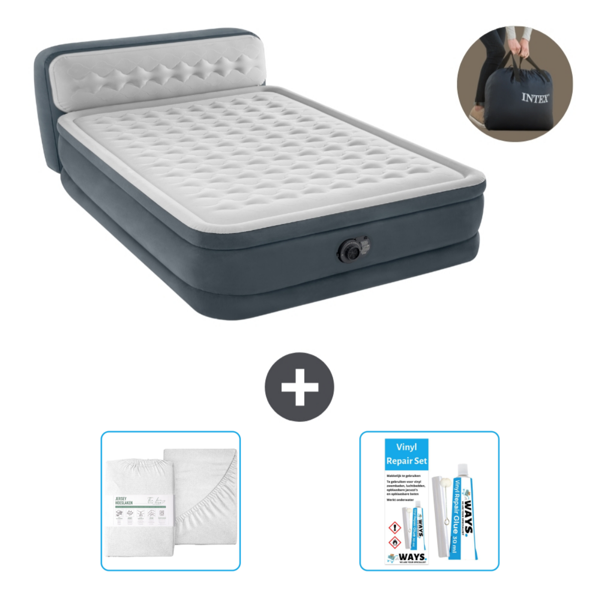 Grijs luchtbed met hoofdbord, lakenset, reparatieset en een persoon houdt een tas vast.