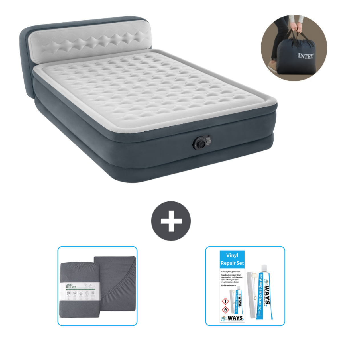 Grijs opblaasbaar bed met hoofdsteun, lakens en reparatieset. Inclusief draagtas.