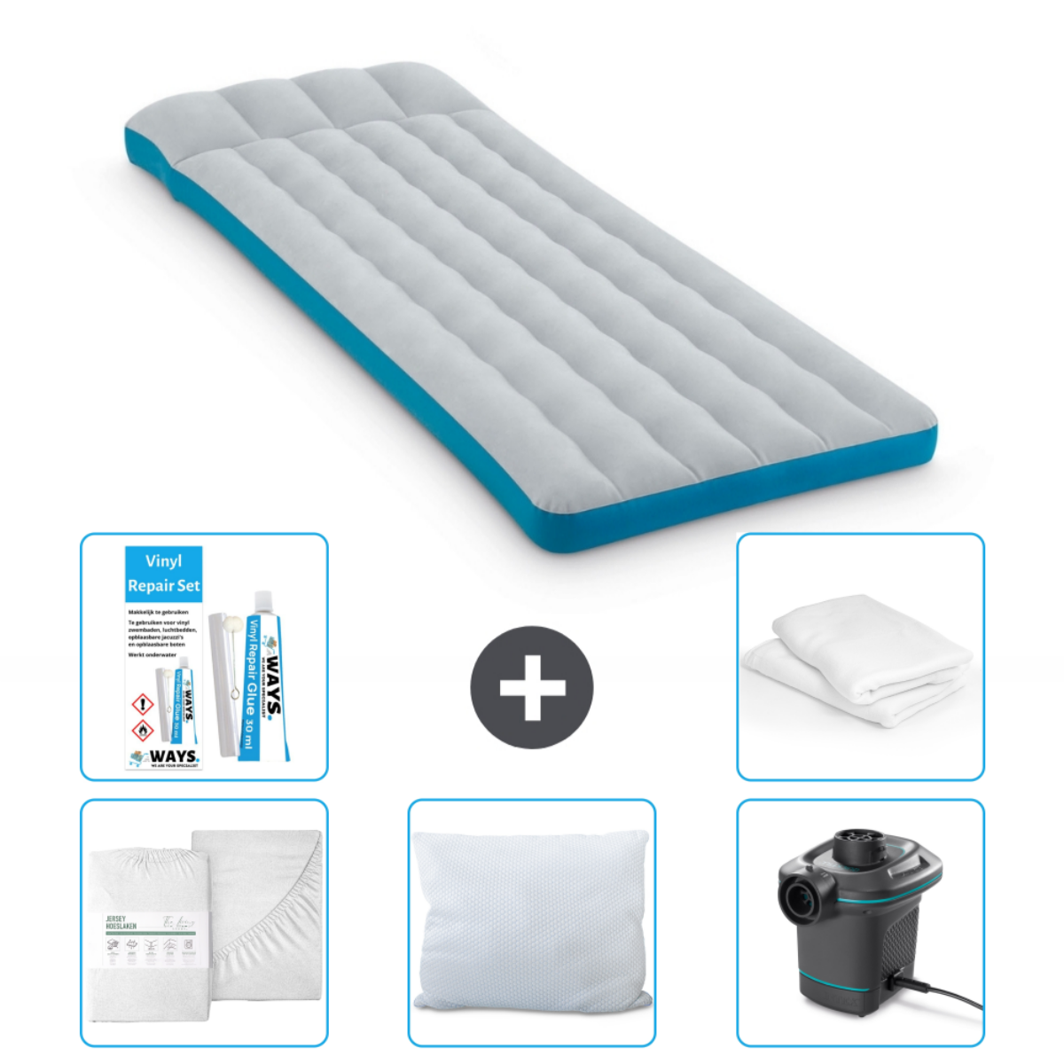 Grijs-blauw luchtmatras met lakens, kussen, pomp en reparatieset.