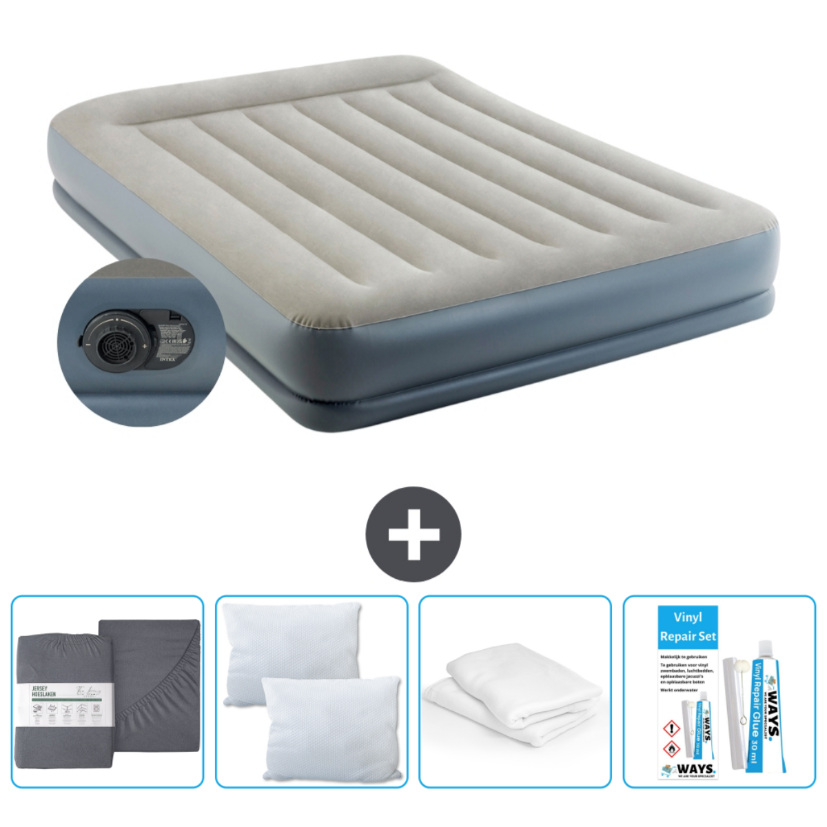 Matelas gonflable, draps, oreillers, pompe et kit réparation. Lit beige et gris.