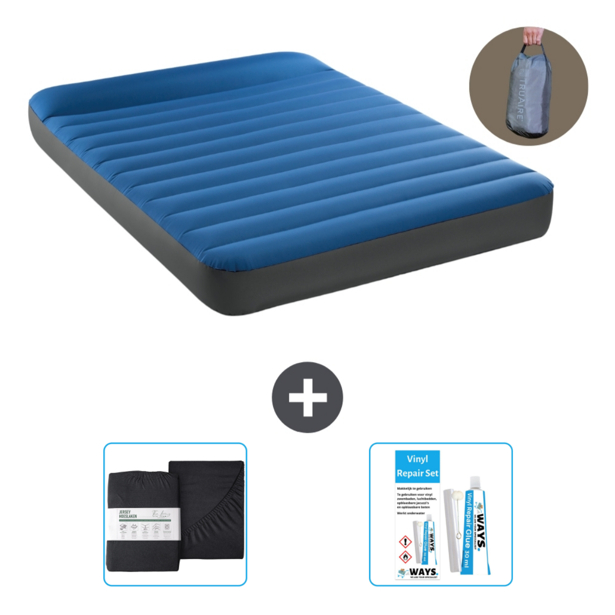 Een blauw luchtbed met accessoires: lakenset, vinylreparatieset en draagtas.