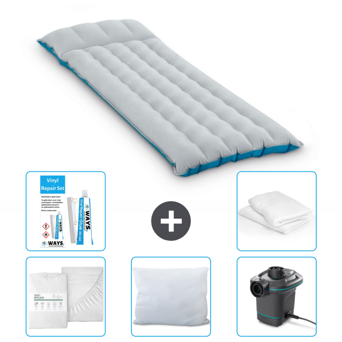 Grijze en blauwe opblaasbare matras, reparatieset, kussen, lakens en elektrische pomp op een witte achtergrond.