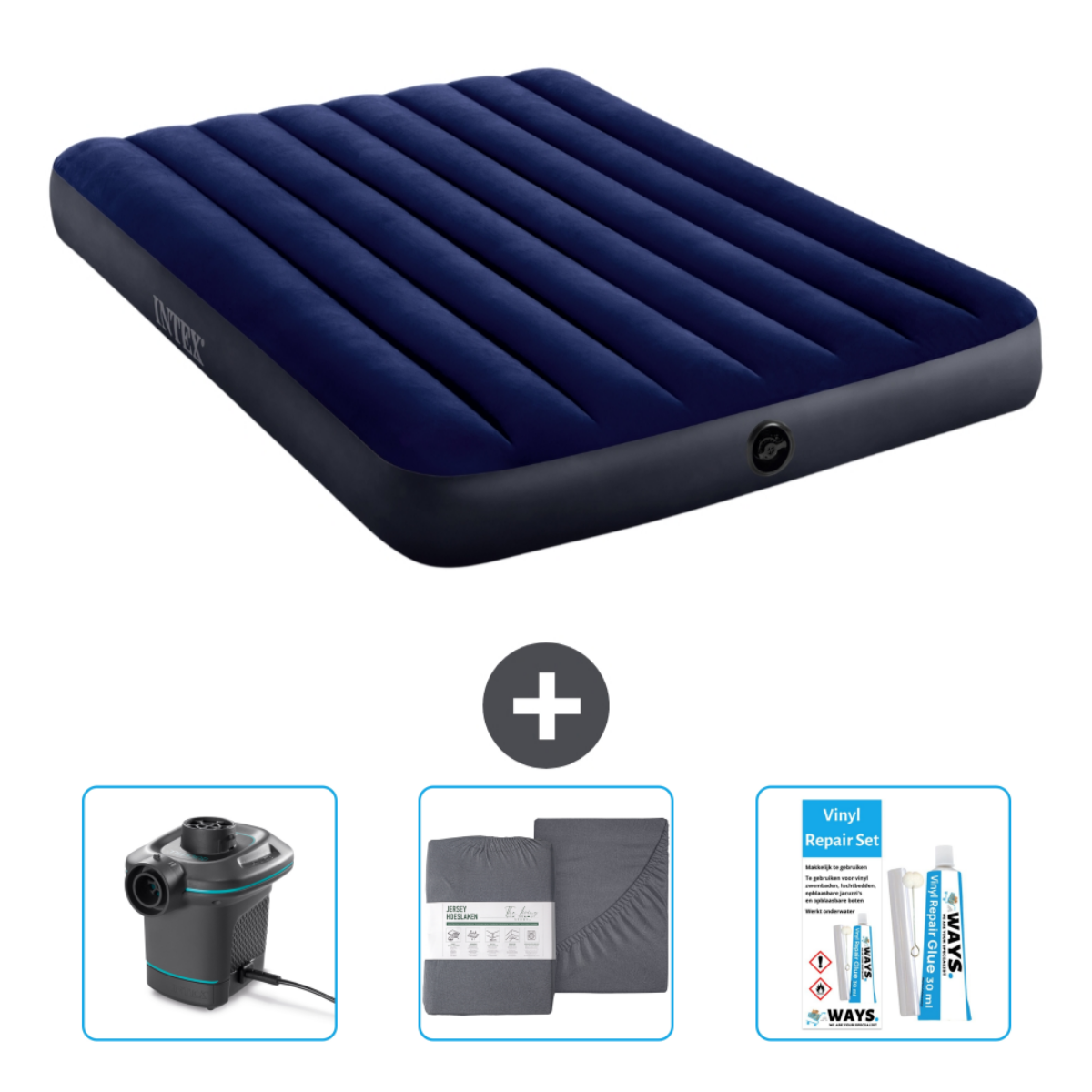 Matelas pneumatique bleu avec une pompe, un ensemble de draps et un kit de réparation. Logo Intex.