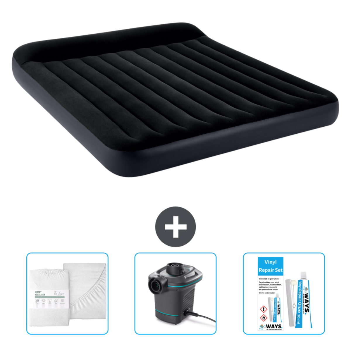 Matelas pneumatique noir avec pompe, draps et kit de réparation. Fond blanc.