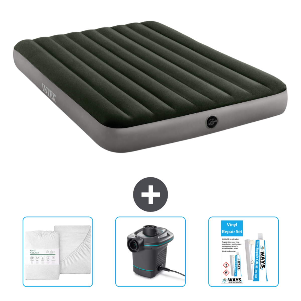 Matelas gonflable vert avec bord gris, plus draps, pompe électrique et kit réparation. Intex.