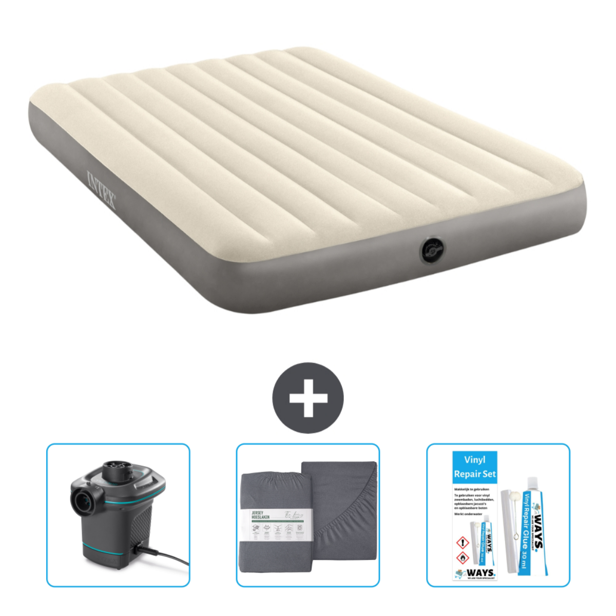 Un matelas pneumatique, un ensemble de draps, une pompe et un kit de réparation. Le matelas est beige avec base grise.