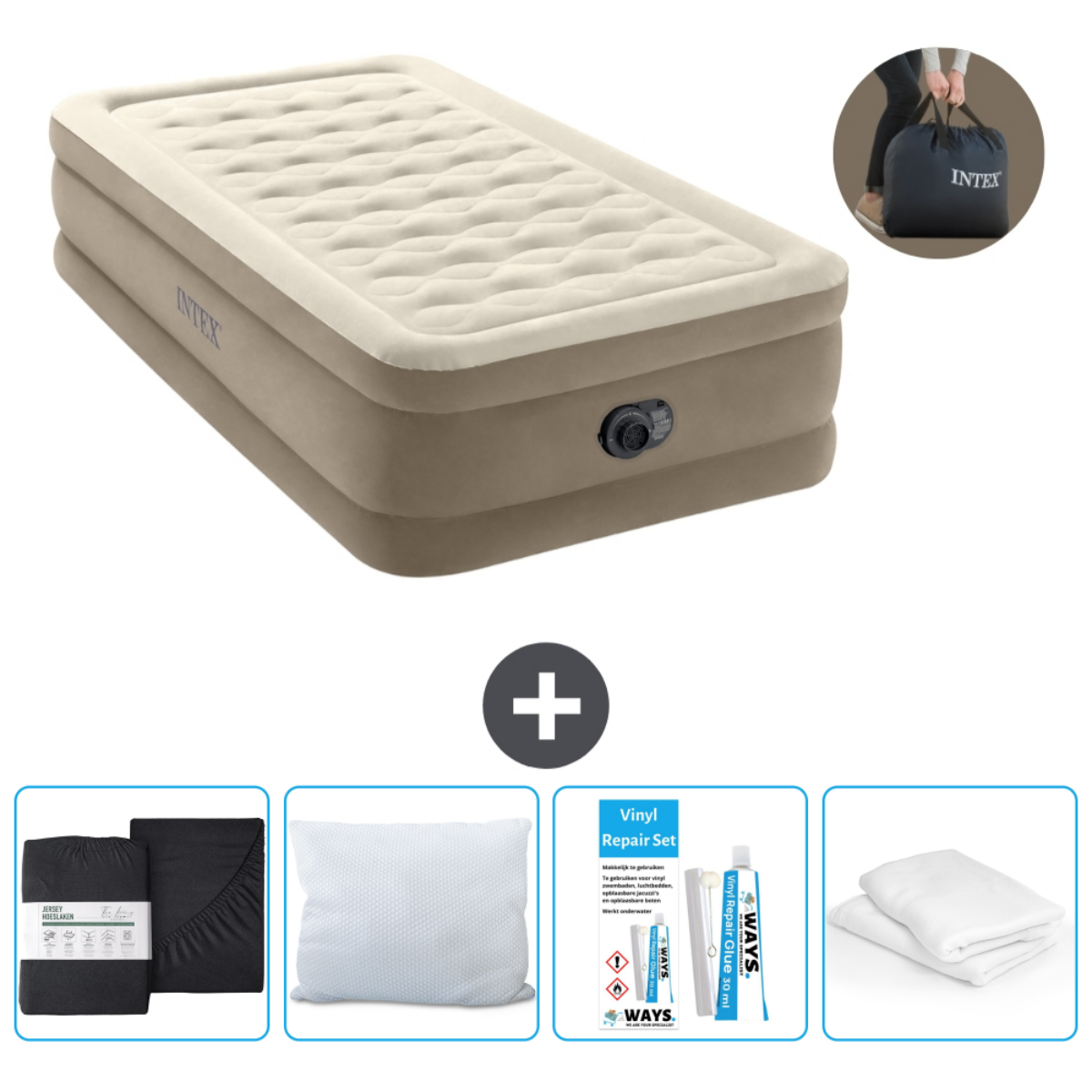 Matelas gonflable beige avec oreillers, literie, kit et sac.