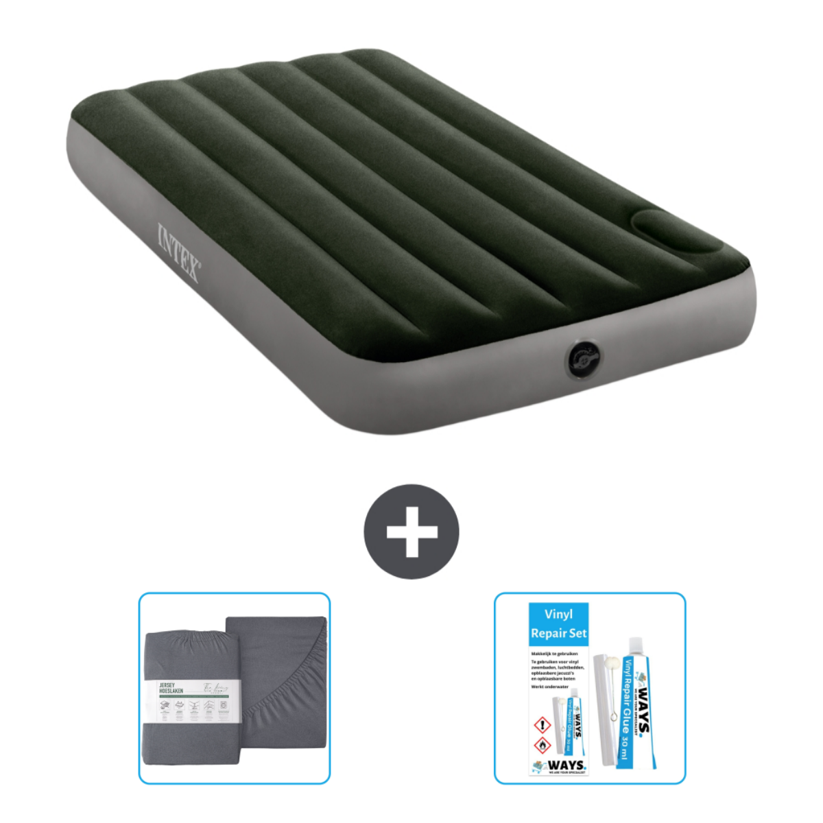 Matelas gonflable vert avec literie et kit de réparation.