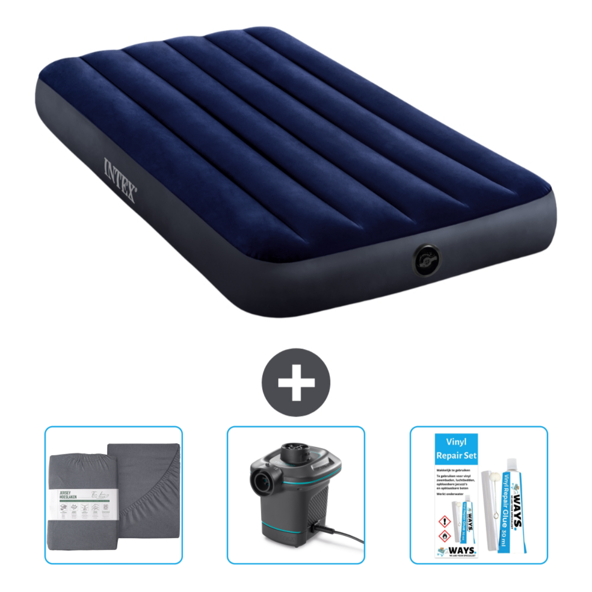 Lit gonflable bleu foncé, avec draps, une pompe et kit de réparation. Le signe plus indique un ensemble.