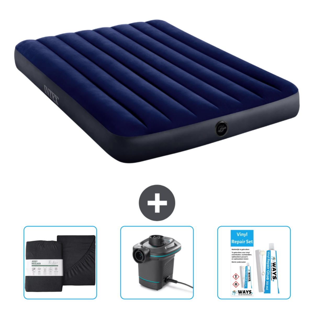 Blauw luchtbed met blauwe rand, lakens, elektrische pomp en reparatieset. Intex.