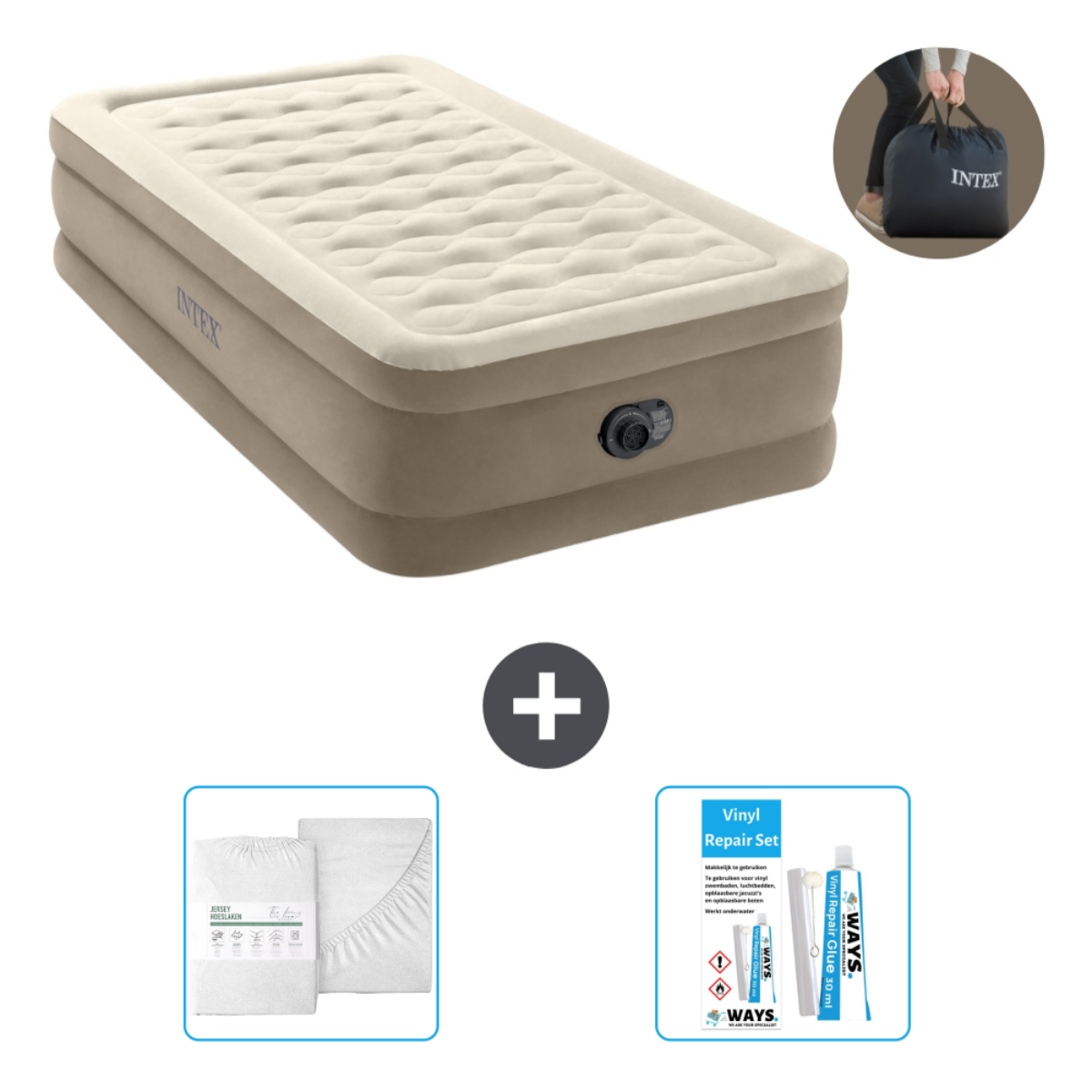 Matelas gonflable beige avec ensemble de draps, kit de réparation et sac. Fond blanc.