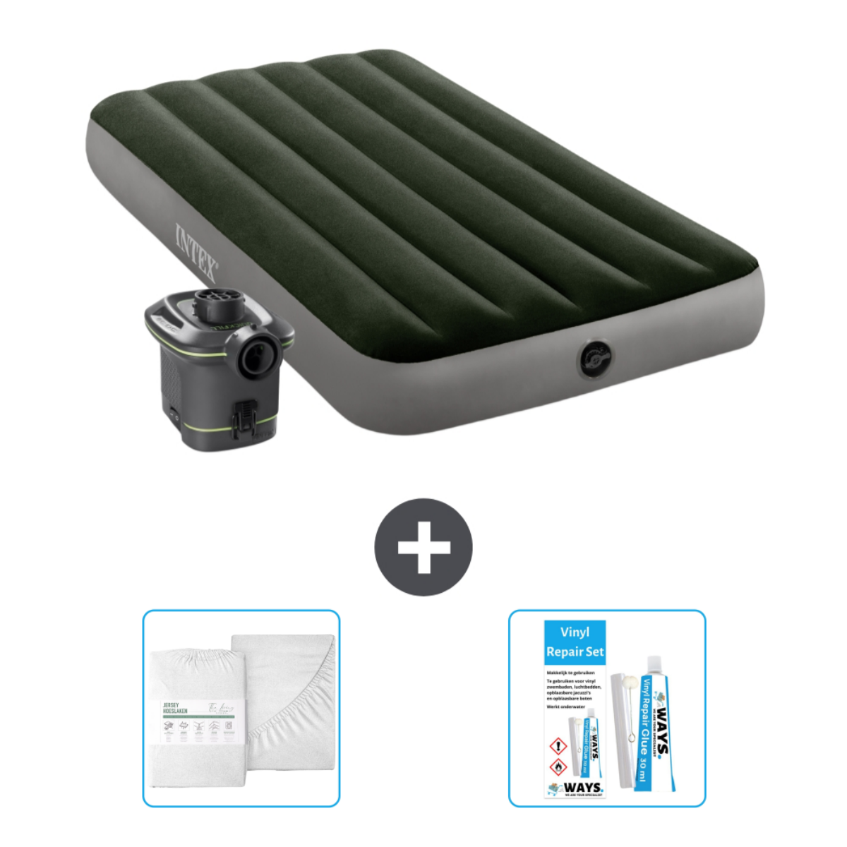 Matelas gonflable vert foncé avec accessoires : pompe, draps et kit de réparation.