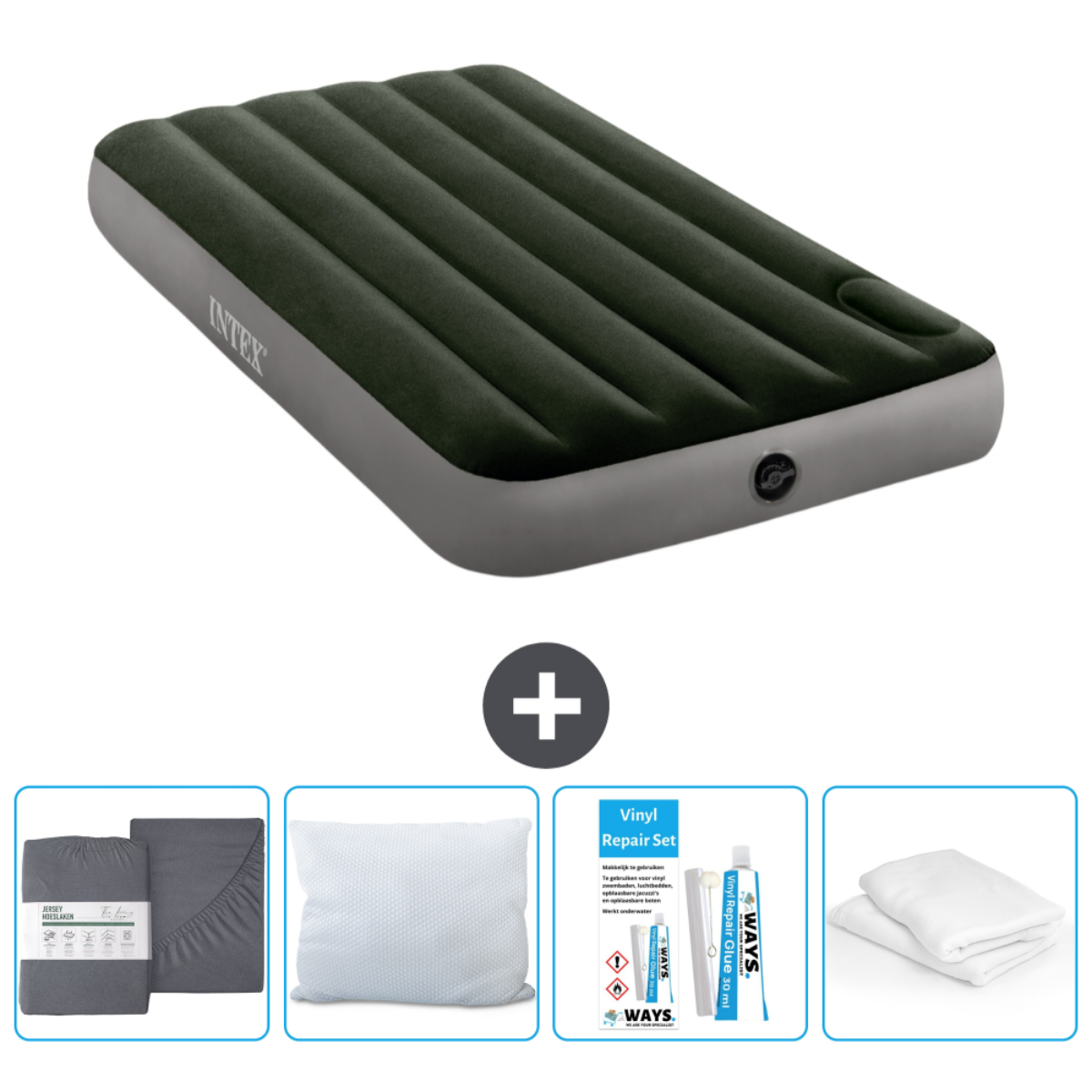 Donkergroen opblaasbed, accessoires: lakens, kussens, reparatieset.